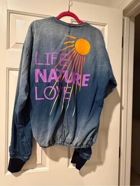 FREECITY Life Nature Love Denim Bomber Jacket Size L